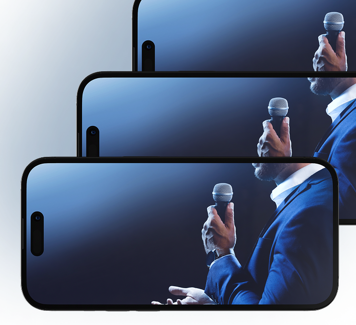 Three phones in a horizontal position showing an identical a close up of a man speaking into a microphone
